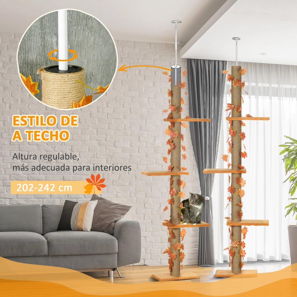 Albero per gatti a 3 livelli altezza regolabile 202-242 cm con foglie d'acero ¨C zephmum ¨C arancione
