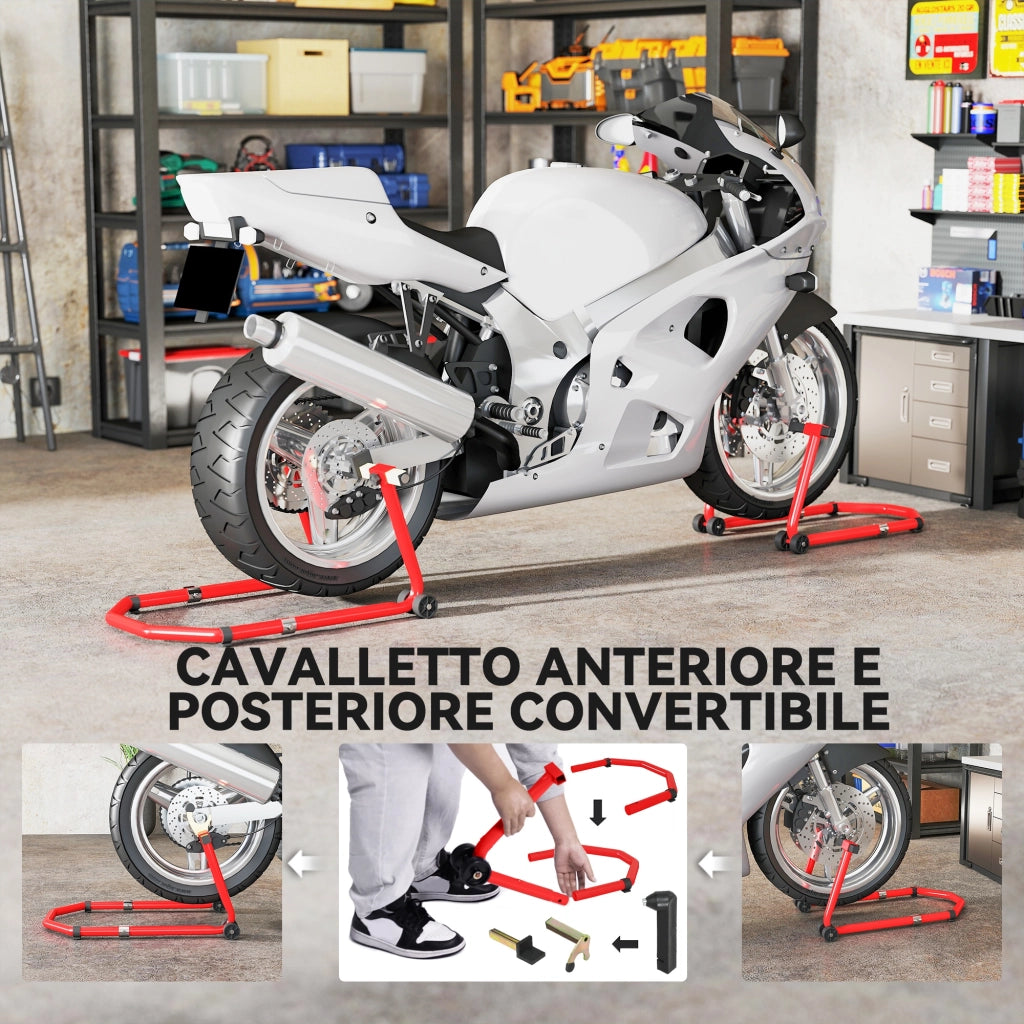 Cavalletto Moto Anteriore e Posteriore con Capacit¨¤ 390 kg, Forcelle a U e L, Rotelle e Cuscinetti Antiscivolo, Rosso