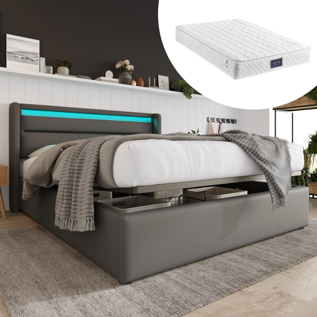 LETTO Contenitore Idraulico 160x200 cm in PU Grigio con LED