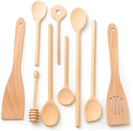 Set di utensili da cucina in legno di quercia 9 pezzi, grande e piccolo (6x cucchiai da cucina 18 cm - 35 cm di lunghezza, 2x spatole, cucchiaio per amalgamare)