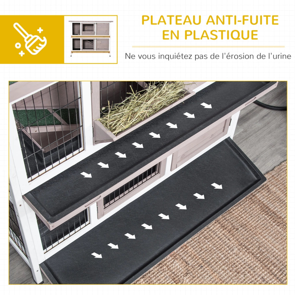 Gabbia per conigli 2 livelli legno massello - Xylo - tetto apribile con mangiatoia 122x50x101 cm grigio bianco