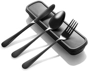 Set di Cucina Portatile con Fornello – 4 pezzi in Acciaio Inossidabile – Nero – Adatto per Pranzo, Camping, Scuola, Picnic, Lavoro e Viaggi – Incluso Fork, Cucchiaio, Coltellino e Scatola di Cibo – Resistenti al Lavaggio a Vapore