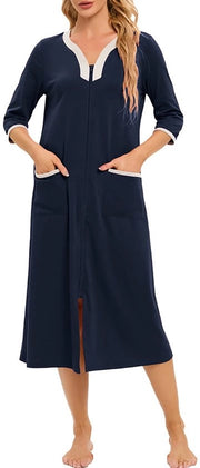 Badjas da Donna con Cerniera, 3/4 Maniche, Disegno Fiorale, Leggero, Pantaloncini con Tasche, Blu, 42