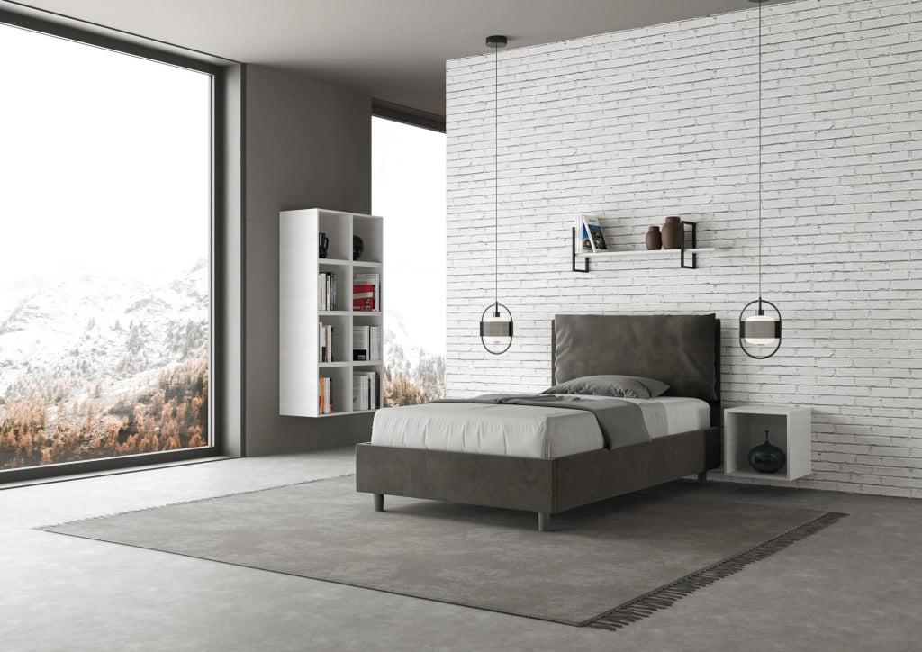 BS COM Letto una piazza e mezza con rete imbottito 130x200 microfibra grigio Large