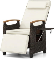 Poltrona Reclinabile da Giardino, Sedia Relax Esterno in Rattan con Schienale Regolabile a 150°, Poggiapiedi e Tavolino Pieghevole, Portata 180 kg, per Patio, Cortile e Terrazzo (Bianco,1)