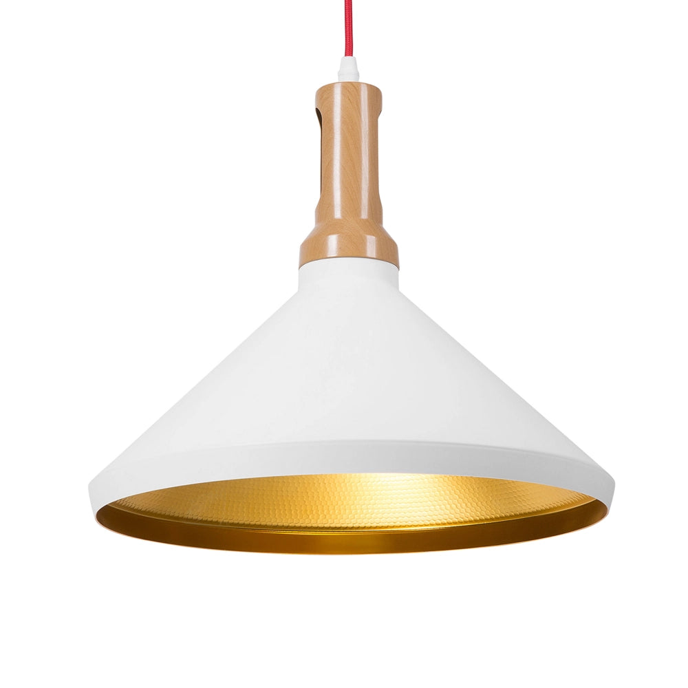 Lampada a Sospensione a Sospensione bianco con Paralume Conico in Alluminio dorato e Legno Chiaro di Design Industriale