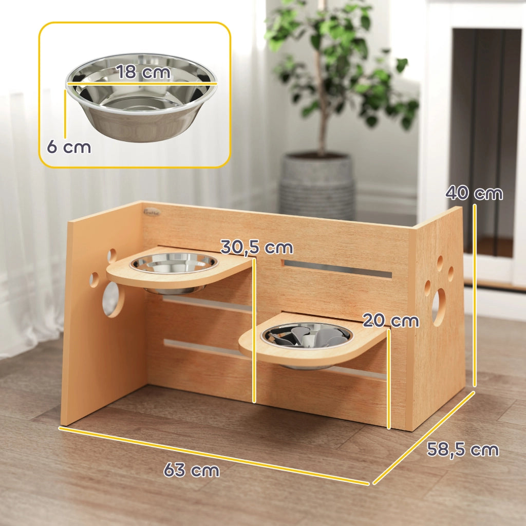 Tavolino per cani ¨C zephmum ¨C 2 ciotole in acciaio inossidabile 63x58.5x40 cm quercia