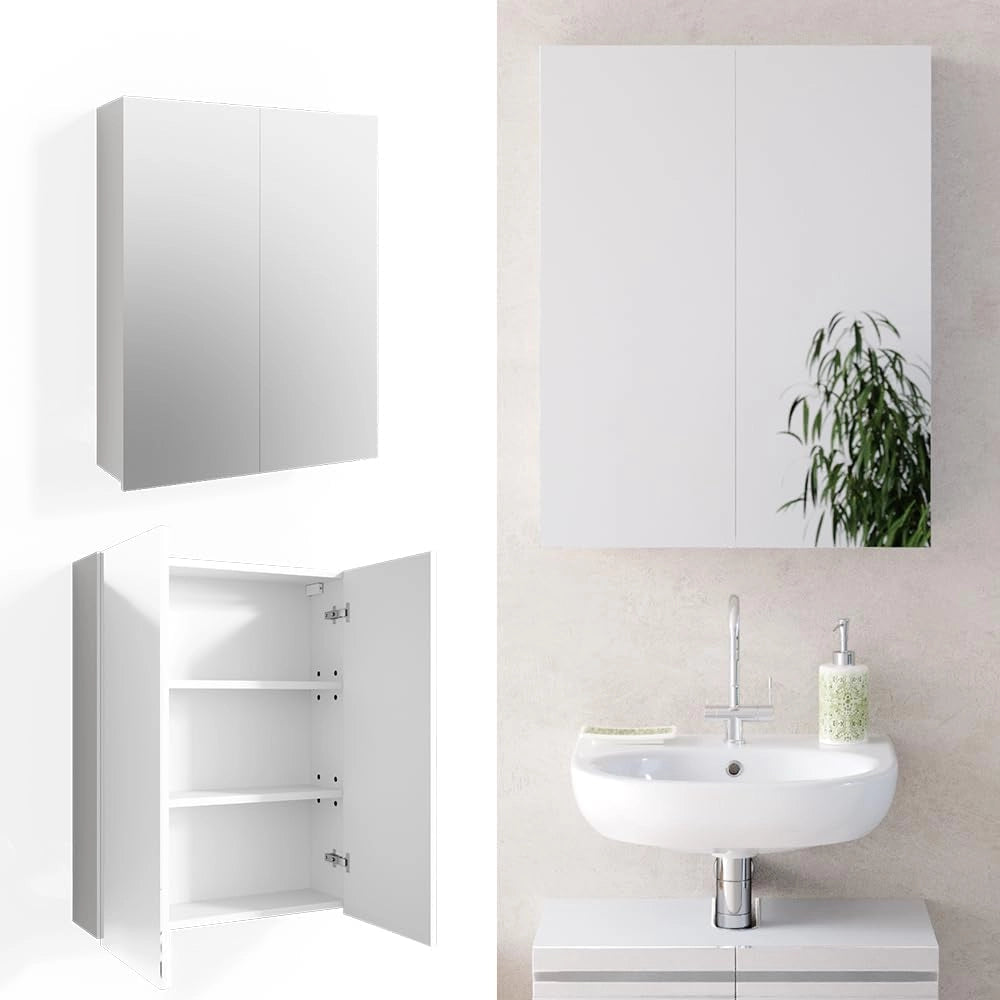 Specchio contenitore bagno Fredd, Bianco lucido, 60 x 77 cm, a parete con due ripiani interni regolabili