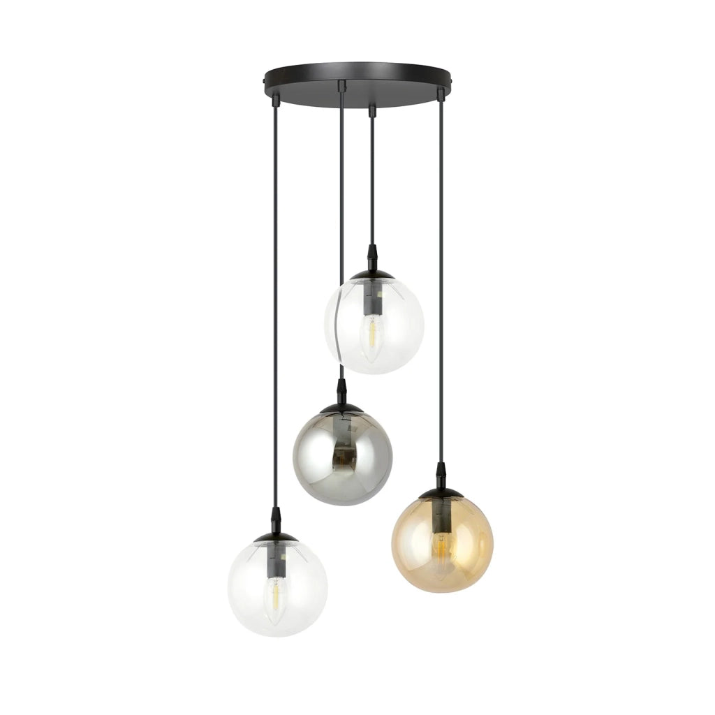 Sospensione 4 Luci Kali In Acciaio Nero Base Tonda E Sfere In Vetro Multicolor