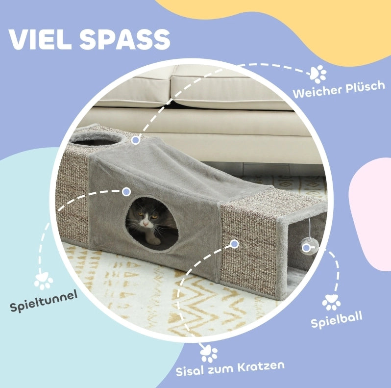 Tunnel pieghevole per gatti con due nicchie e rivestimento in sisal