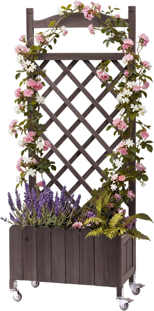 Fioriera in legno con grigliato e ruote, rialzata, resistente alle intemperie con fori di drenaggio, per giardino, balcone e terrazza, 49 x 28 x 116 cm – Marrone