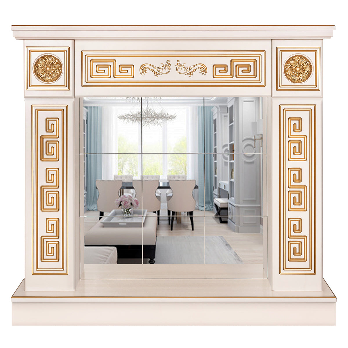 Camino Decorativo da Pavimento 102x110x30 cm con Specchio  Versailles Gold Plus Avorio