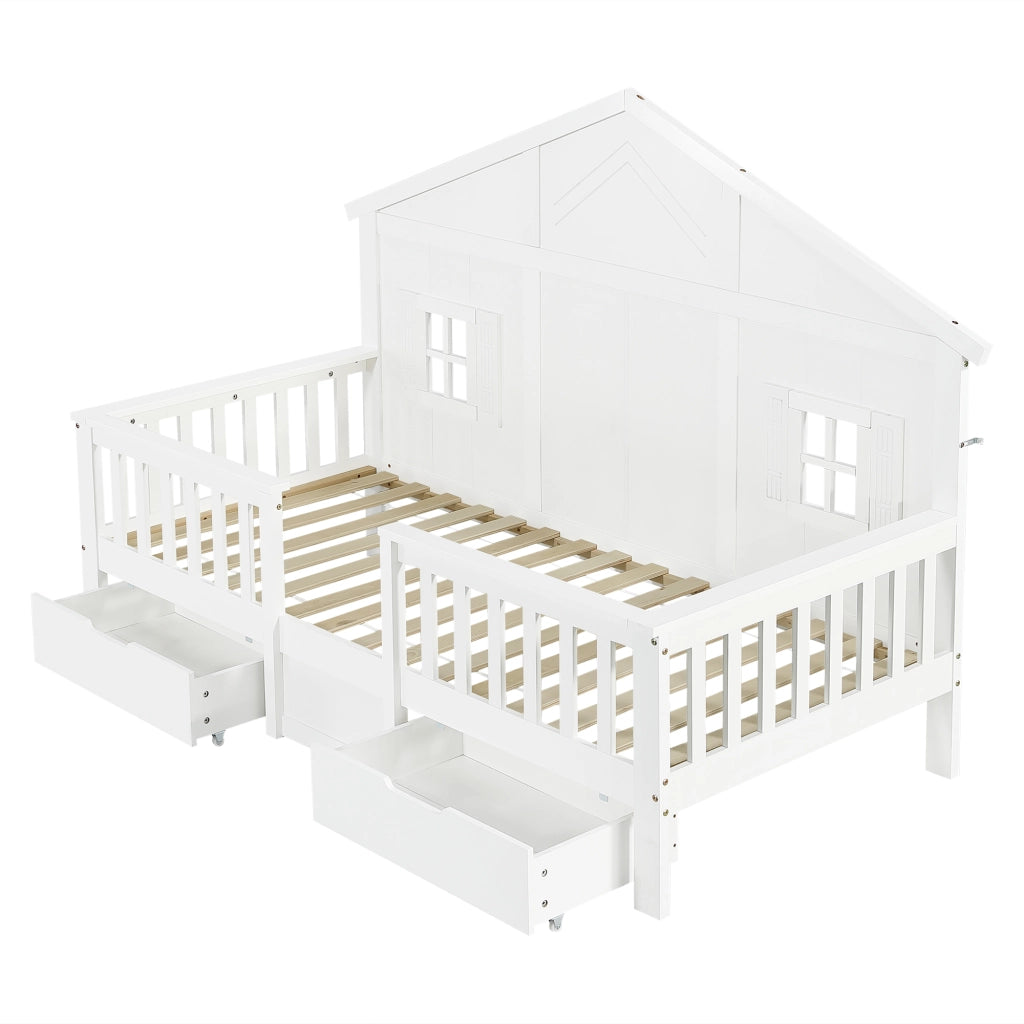 Lettino per bambini 90x200 cm, a forma di casetta, con 2 cassetti su rotelle e sponde di sicurezza, bianco