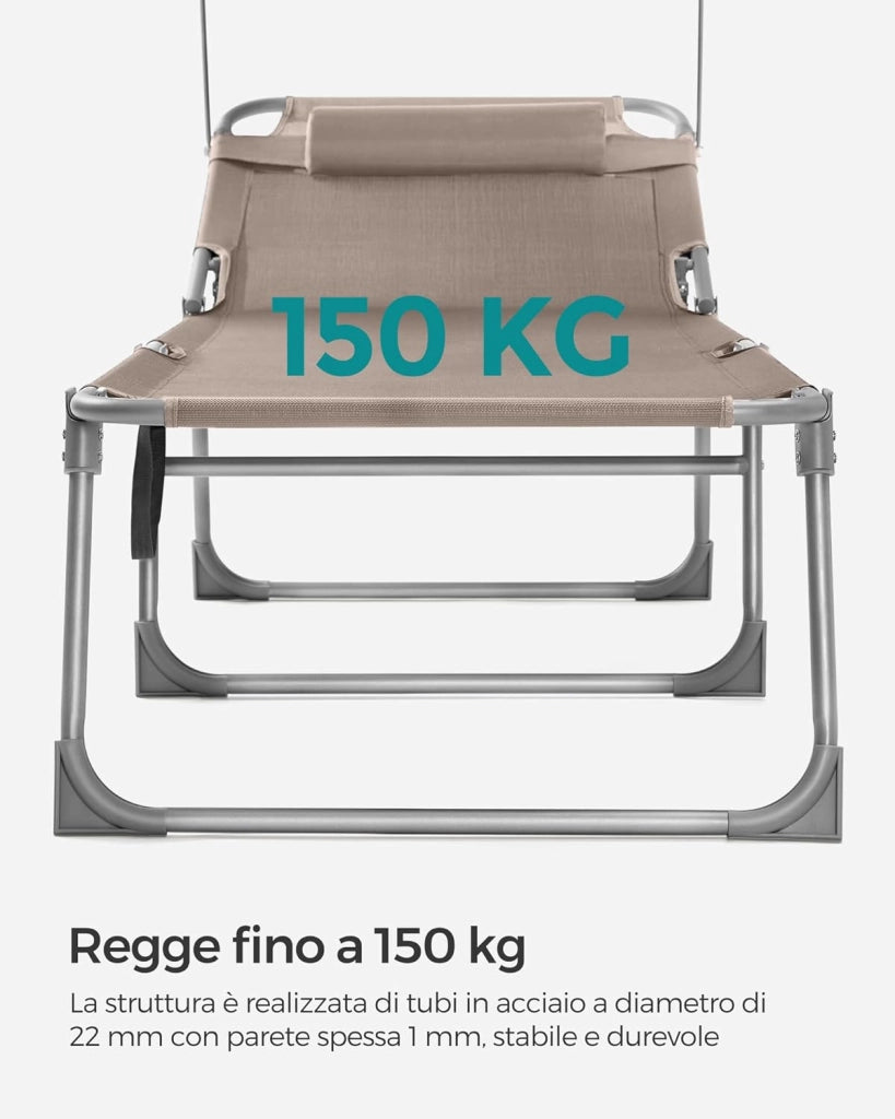SONGMICS Lettini Prendisole, Set di 2 Sedie a Sdraio Pieghevole, 193 x 53 x 29 cm, Portata 150 kg, Poggiatesta Parasole Schienale Reclinabile, per Terrazzo Piscina Giardino, Tortora GCB192K02