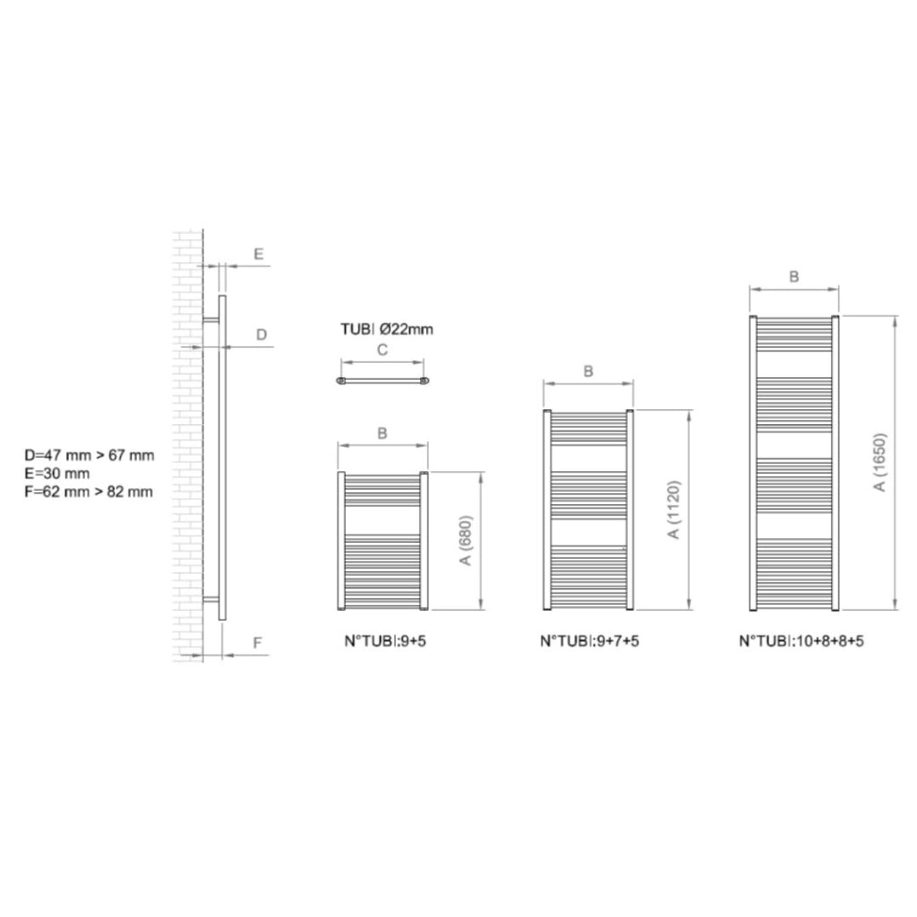 Termoarredo cromato bagno in acciaio calorifero termosifone scaldasalviette *** misure h680xl450xi400 14 tubi, pezzi 1