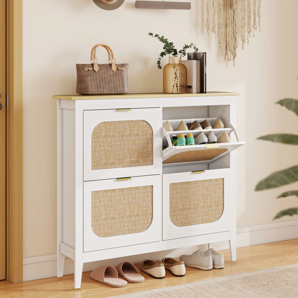 Mobile per Scarpe con 4 Ante in Rattan e Ripiani Regolabili ¨C Zephmum ¨C Bianco 105x24x95,5 cm