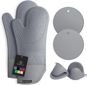 Set di cuscini per padelle e salviette per padella - guanti in silicone extra lunghi con guanti mini a click e salviette per padella per la cucina per cuocere, cuocere al forno o grigliare, set da 6, grigio
