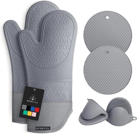 Set di cuscini per padelle e salviette per padella - guanti in silicone extra lunghi con guanti mini a click e salviette per padella per la cucina per cuocere, cuocere al forno o grigliare, set da 6, grigio