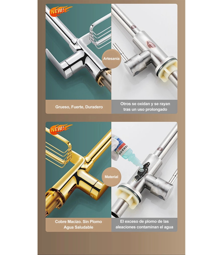 Rubinetto Cucina LH-123 | Griglia Scaffale | Rame Monoleva 2 Vie | Estrabile 2 Modi