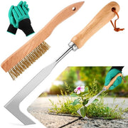 Kit di rimozione erbacce 2 in 1 - Kit di attrezzi per giardinaggio - Pennello per terrazze - Strumento per la rimozione erbacce - Manico in legno - Progettazione ergonomico - Attrezzi per giardinaggio