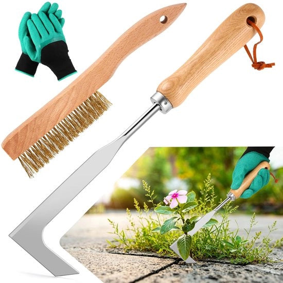 Kit di rimozione erbacce 2 in 1 - Kit di attrezzi per giardinaggio - Pennello per terrazze - Strumento per la rimozione erbacce - Manico in legno - Progettazione ergonomico - Attrezzi per giardinaggio