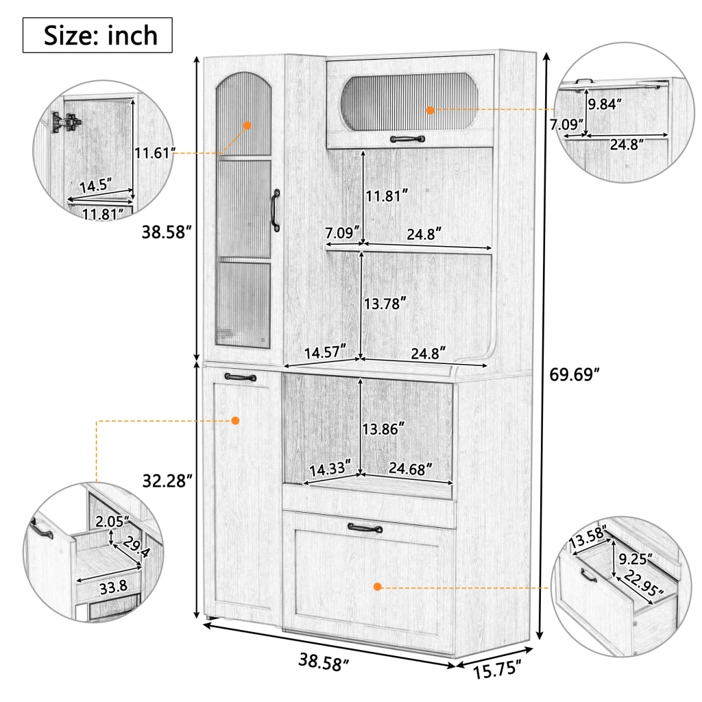 Highboard con ripiani regolabili, cassetti e vetro rigato ¨C Xylo ¨C Bianco
