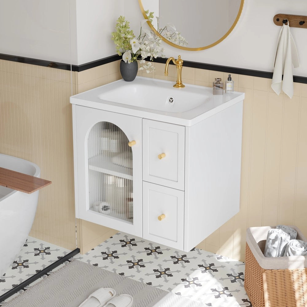 Mobile da Bagno Sospeso con Lavabo in Ceramica, LED e Ante in Vetro ¨C Xylo ¨C Nero/Bianco