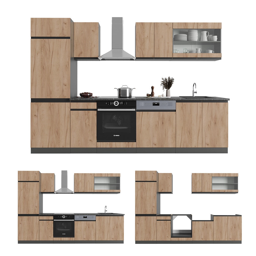 Cucina componibile R-Line Rovere dorato/Antracite 300 cm J-Shape, PL Marmo Vicco