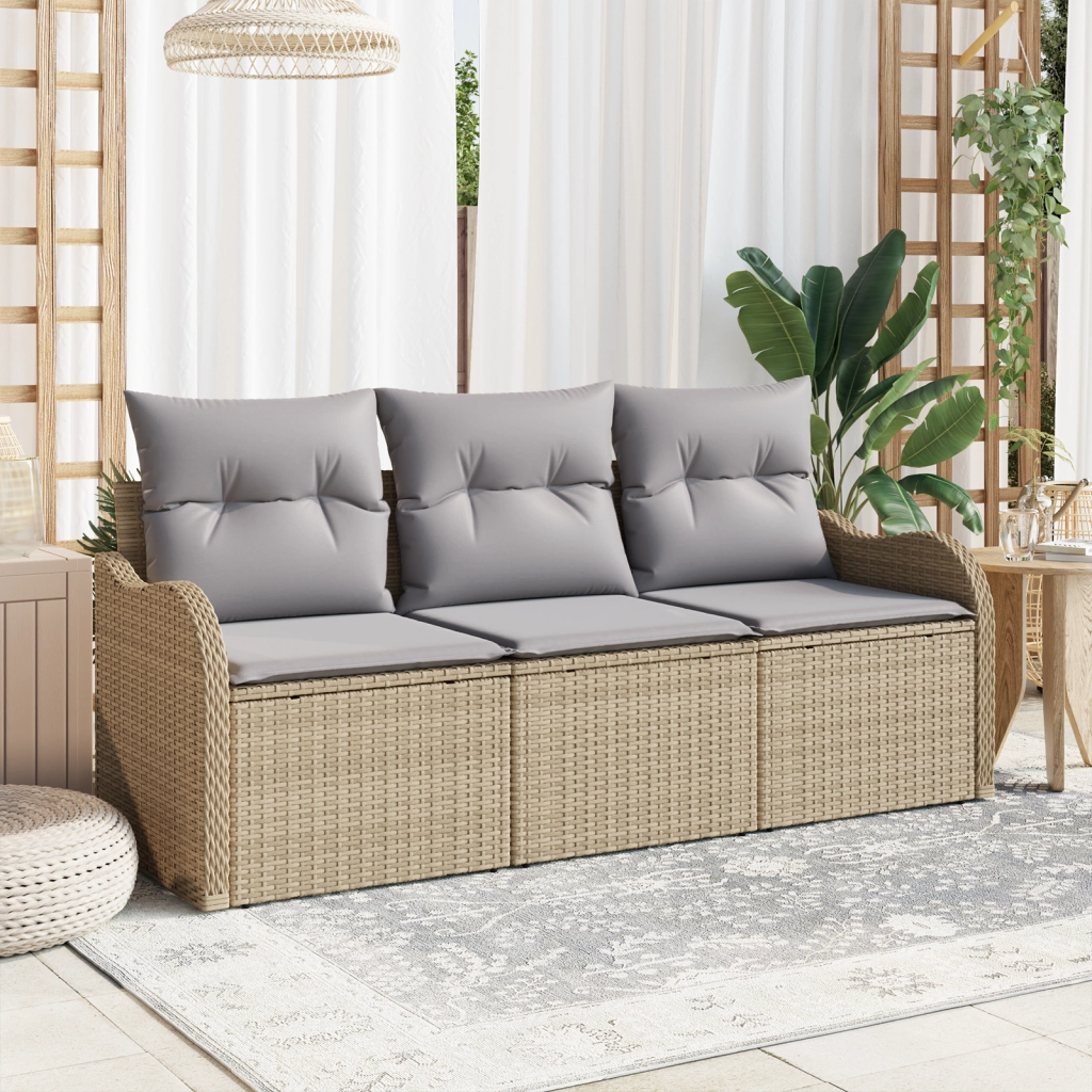 Set di Divano da Giardino a 3 Pezzi con Cuscini Beige