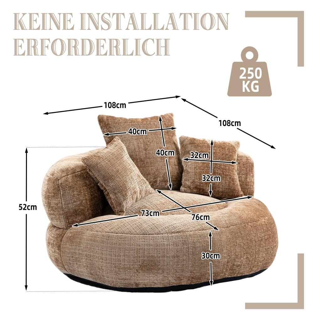 Poltrona Pouf Relax 1 Posto a Schienale Alto con Braccioli e 3 Cuscini Comfort Avvolgente in Ciniglia Caffè