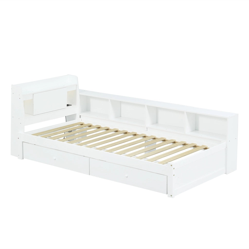 Letto Singolo con Testiera, Cassetti, Comodini e LED ¨C MINIMAL ¨C Bianco, Pino/MDF, 90x200