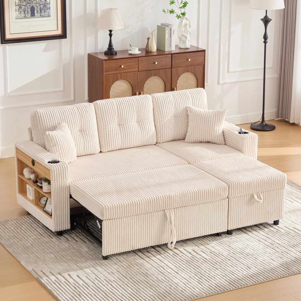 Divano in corduroy con contenitore; letto estraibile e USB-C; beige 196 cm