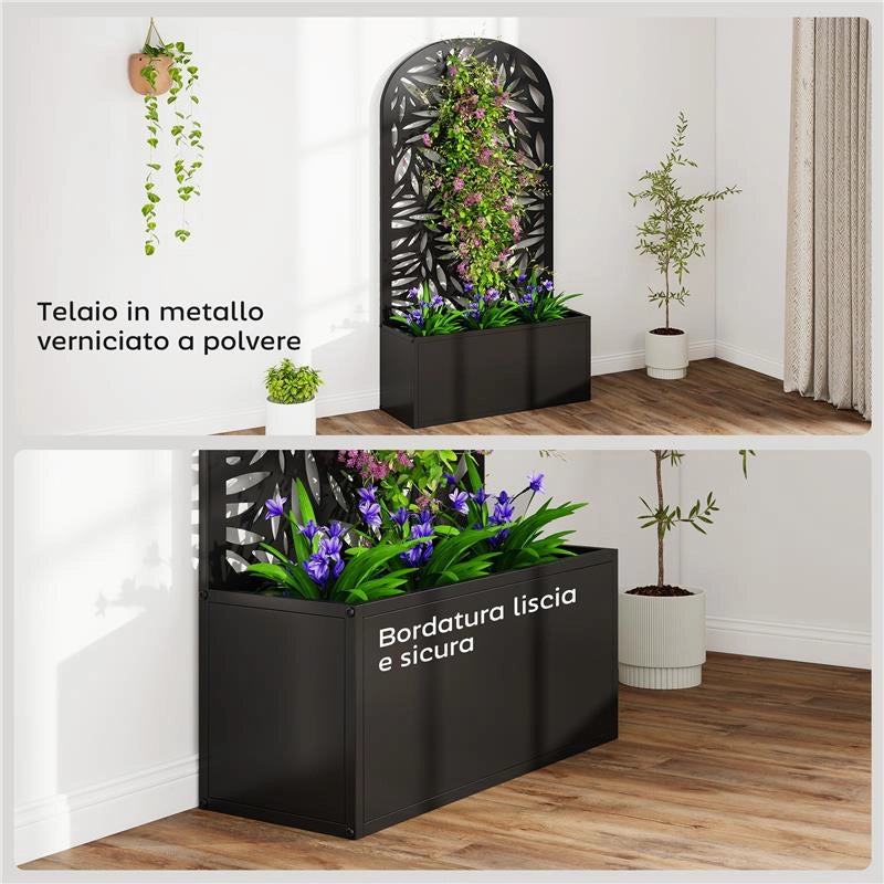 FIORIERA CON TRALICCIO AD ARCO PER RAMPICANTI E FORI DI DRENAGGIO, IN METALLO, 61X23X113 CM, NERO