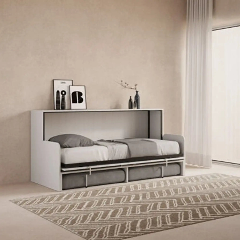 Letto singolo a scomparsa Kando con divano bianco frassino, grigio
