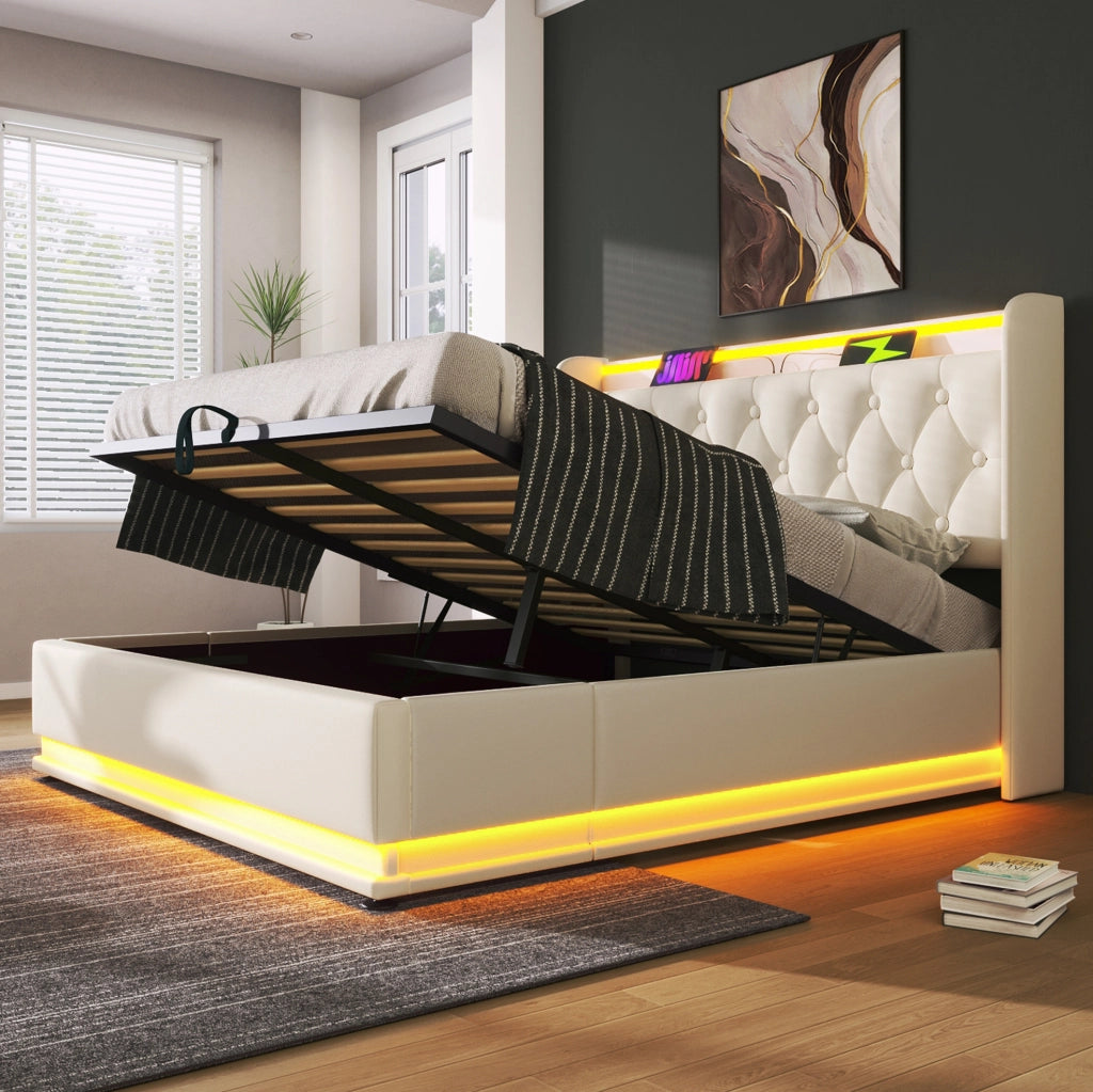 Letto matrimoniale 140x190 cm; LED e USB; PU; bianco (Senza materasso)
