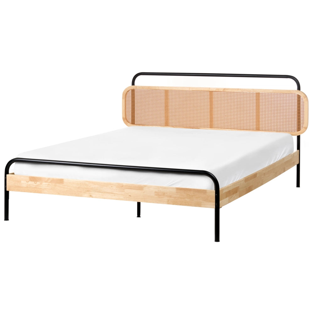 Letto matrimoniale moderno base a doghe con testata a treccia viennese in legno di gomma chiaro 160 x 200 cm Camera da letto