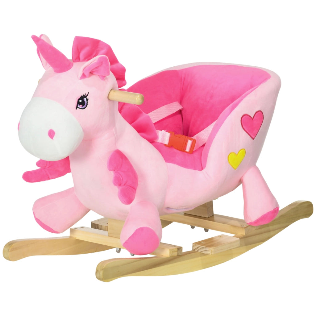 Cavallo a Dondolo Unicorno con Base in Legno e Cintura di Sicurezza ¨C Zephmum ¨C Rosa