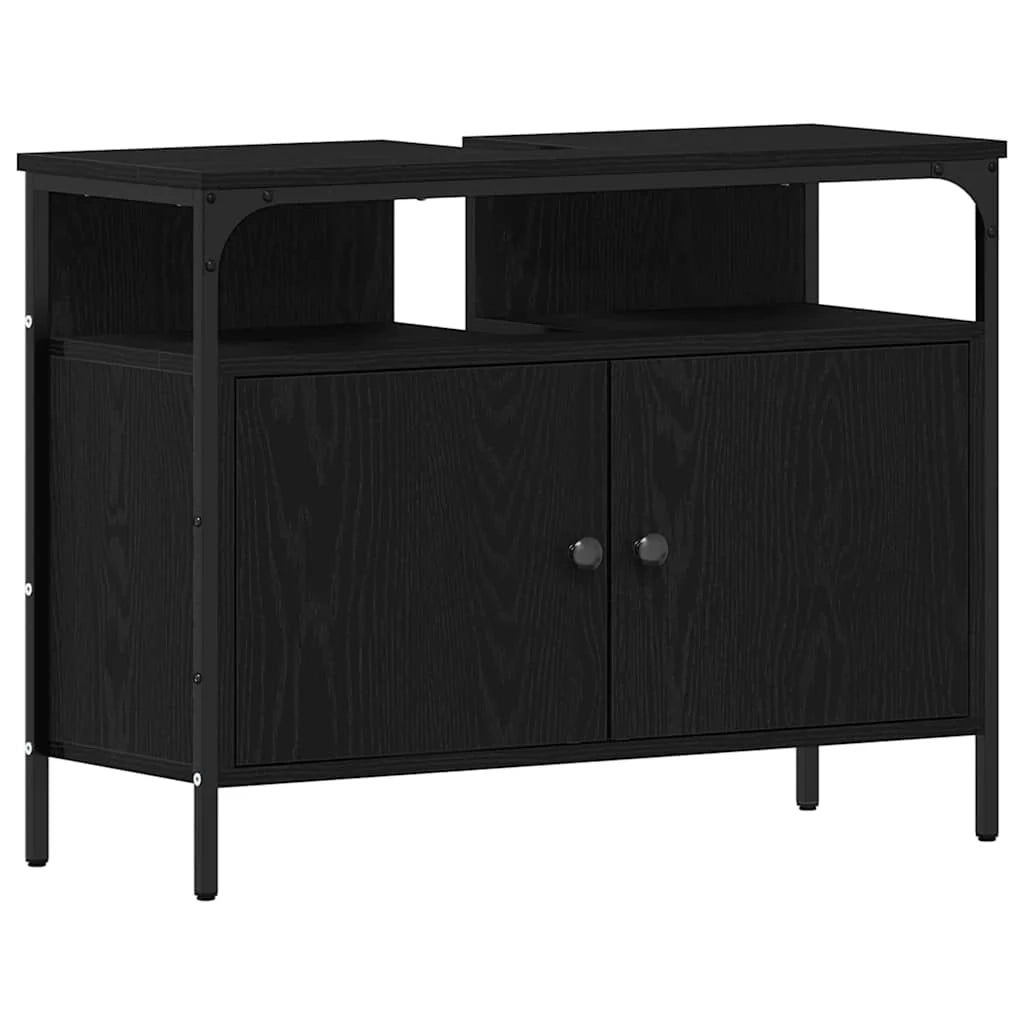 Set di mobili da bagno moderni con contenitore e specchio 80 x 30 x 60 cm legno ingegnerizzato nero 02_0055931