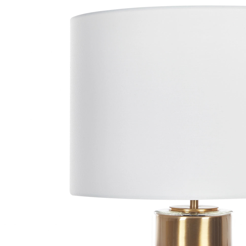 Lampada da Tavolo Base in Vetro dorato/Trasparente con Paralume in Tessuto a Forma di Tamburo Bianco