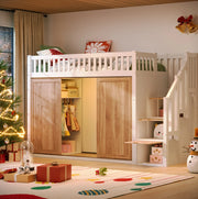 Letto a soppalco per bambini 90x200 cm con armadio e scala contenitore; LED controllabili da app; bianco e rovere