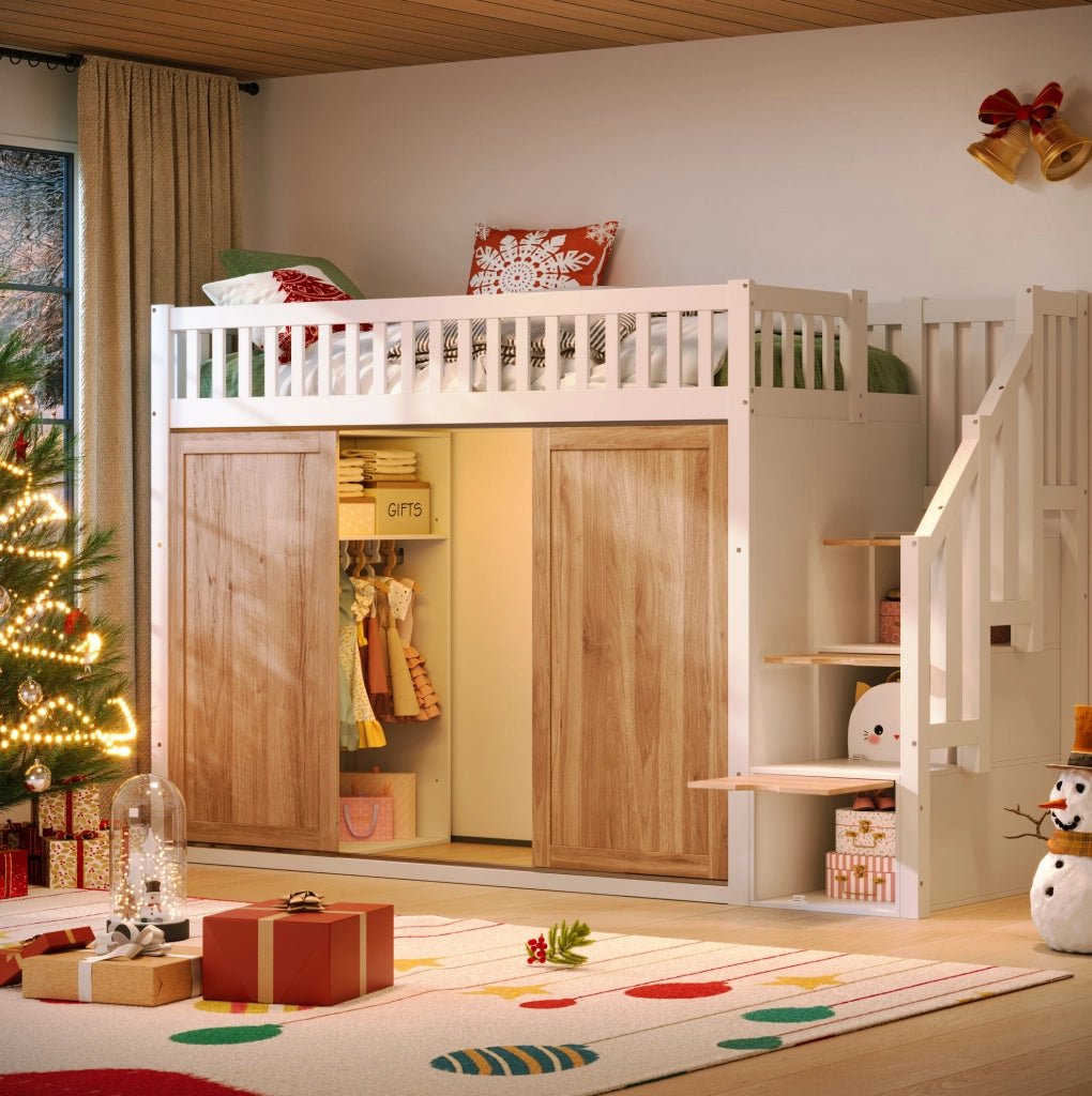 Letto a soppalco per bambini 90x200 cm con armadio e scala contenitore; LED controllabili da app; bianco e rovere