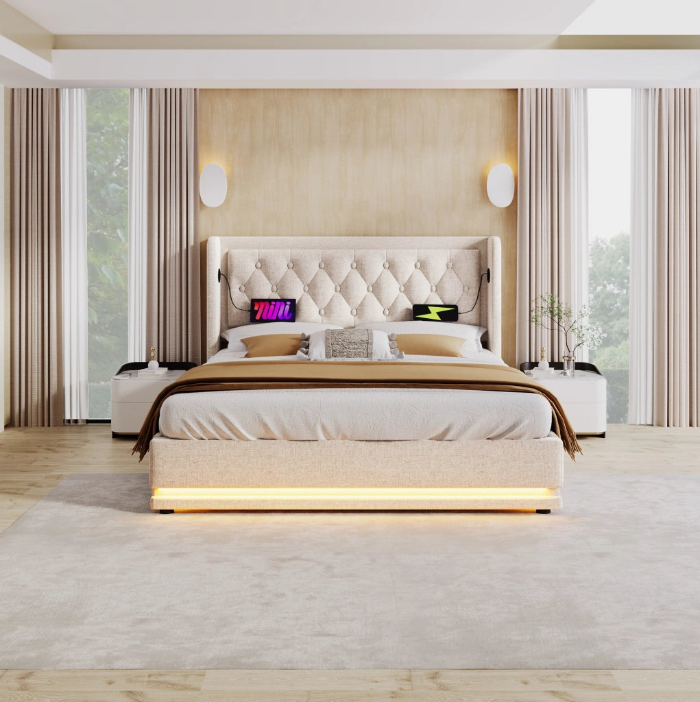 Letto matrimoniale 160x200 cm imbottito beige con contenitore; LED a 3 lati e porte USB/Type-C; con materasso