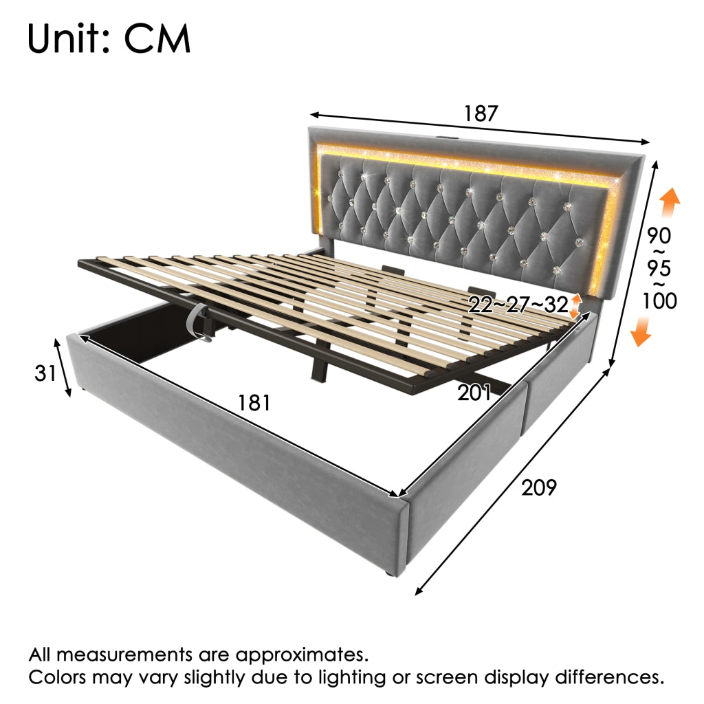 LETTO 180x200 cm in Velluto Grigio con contenitore, LED, USB e USB-C