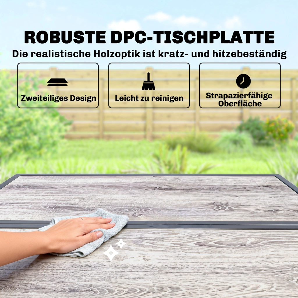 Set di mobili da giardino in polirattan a 5 pezzi; tavolo e 4 sedie; piano DPC; cuscini grigi; risparmio spazio