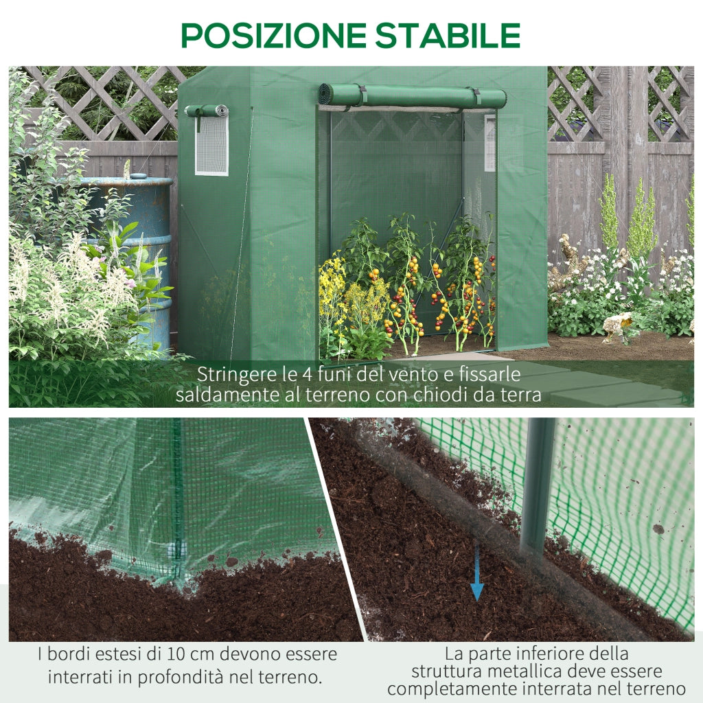Serra da Giardino in PE e Acciaio con 4 Picchetti, 2 Finestre e Copertura Rinforzata, 200x77x148-169cm