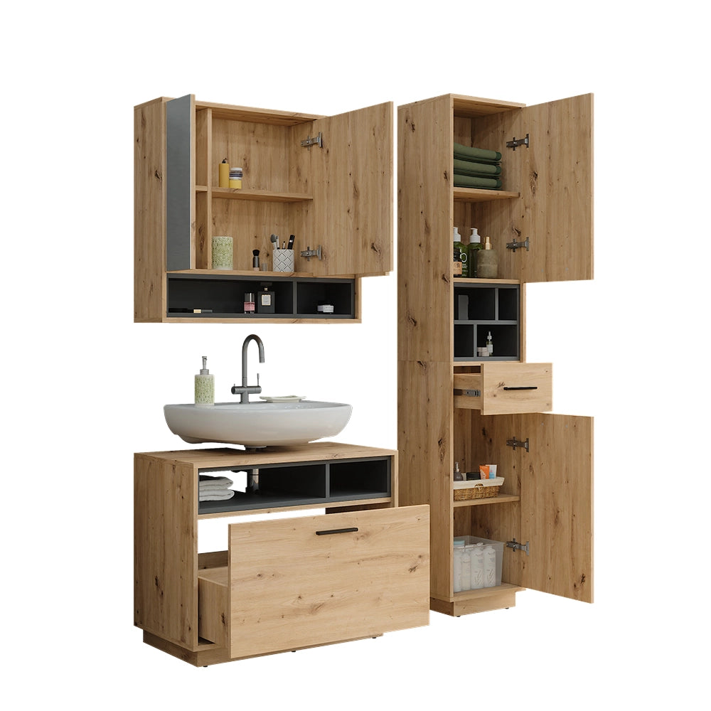 Vicco Set di mobili da bagno Rovere artigianale/antracite 3 parti con colonna