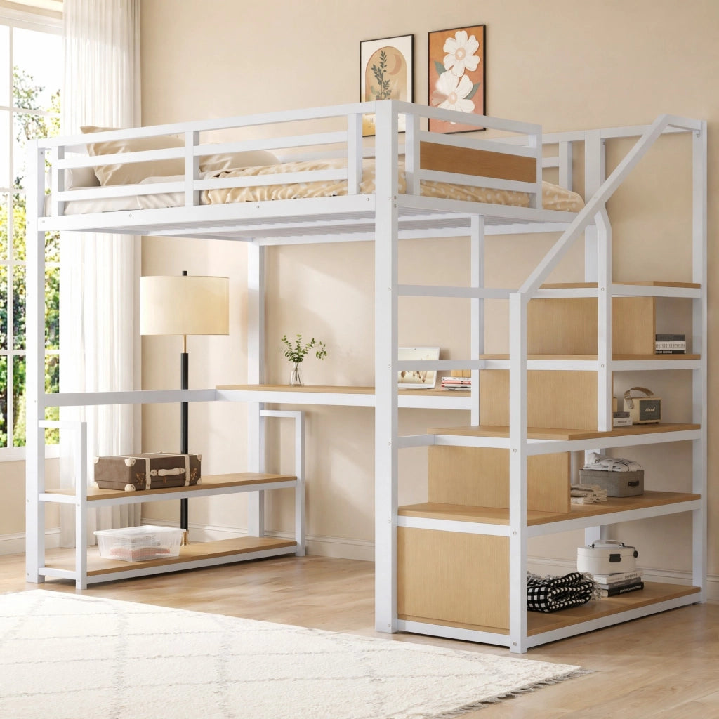 Letto a soppalco in metallo con scala contenitore, scrivania e ripiani, 140x200 cm, bianco