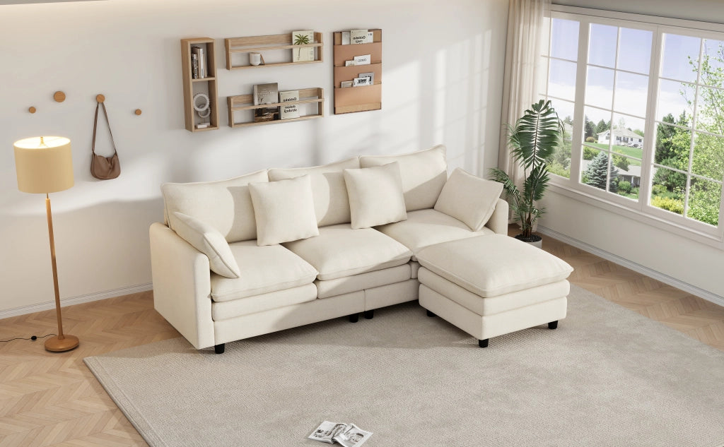 Divano angolare a 3 posti in ciniglia con chaise longue mobile, 4 cuscini e 3 schienali beige 212 × 150 × 90 cm