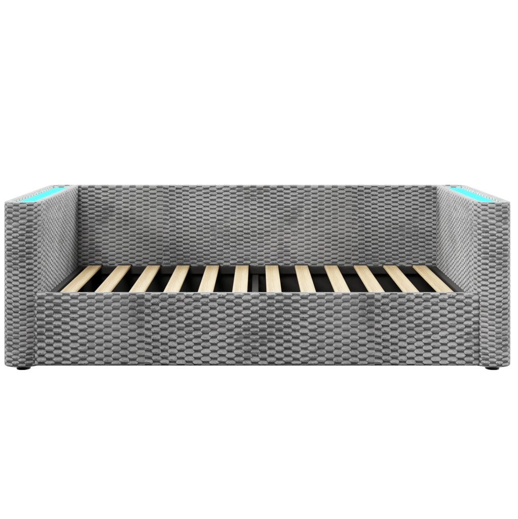 Divano letto 90x200 cm con contenitore idraulico e LED in velluto grigio