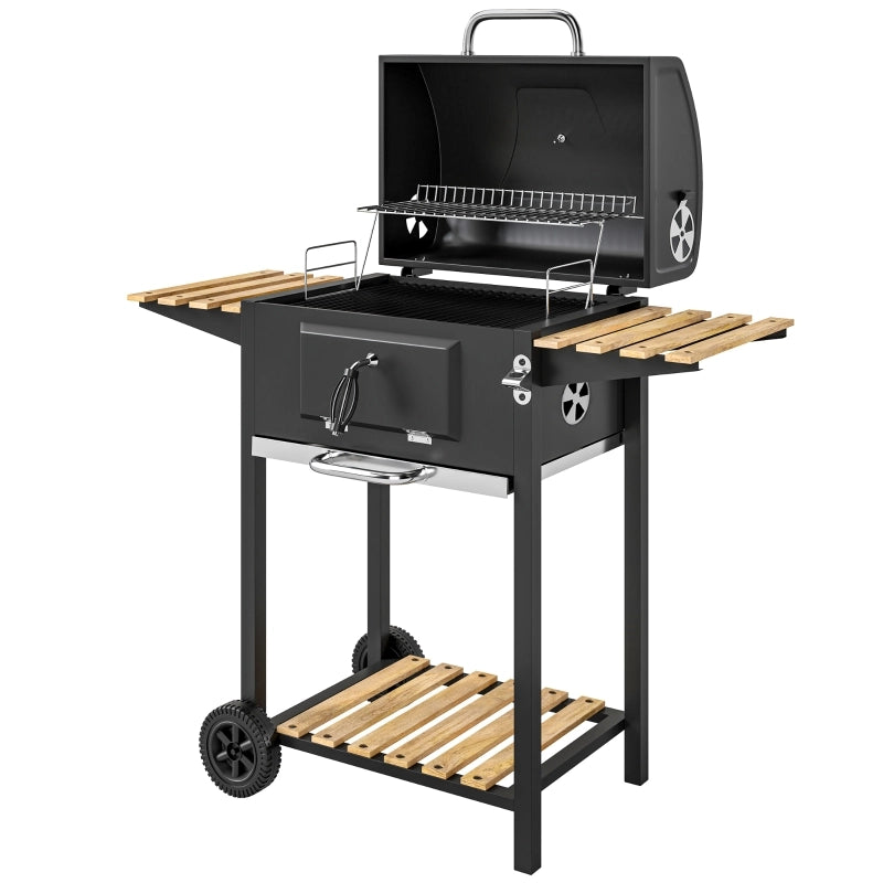 BARBECUE a carbone in acciaio nero con coperchio, termometro e ripiani laterali